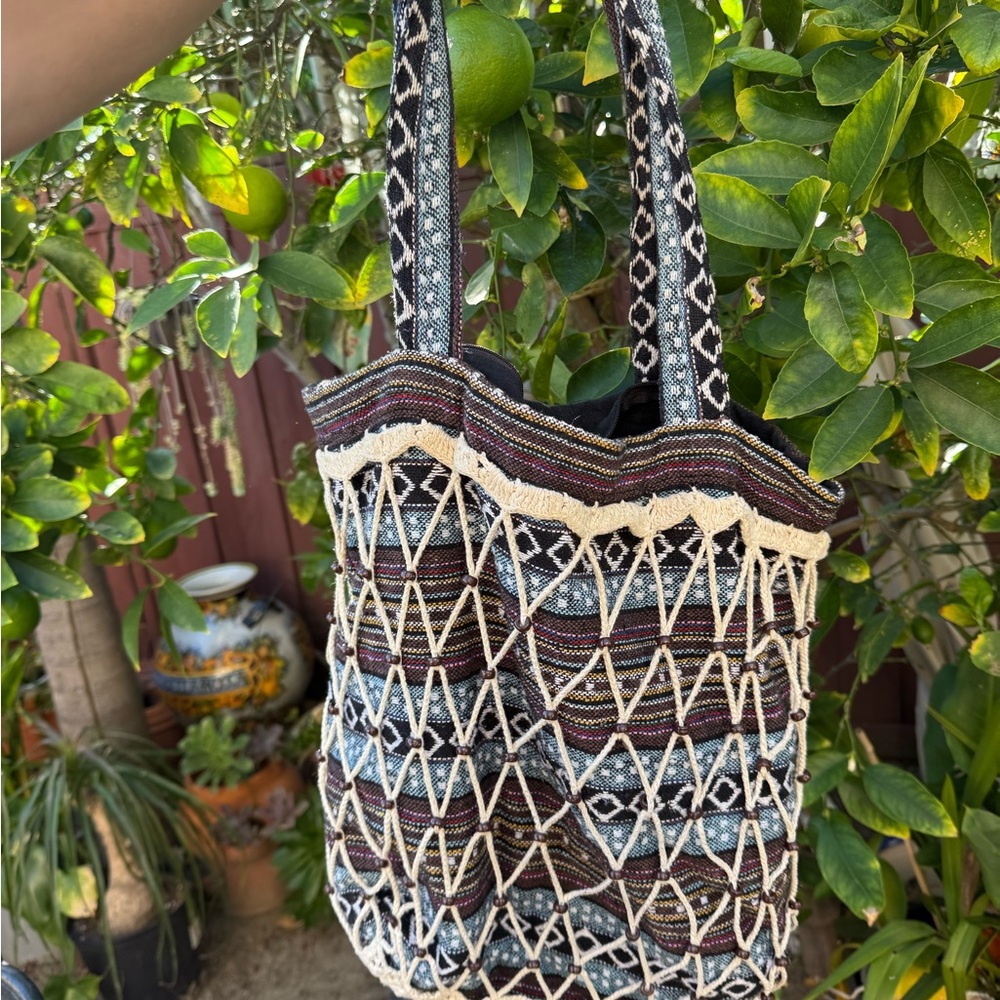 Boho Woven Tote Bag in Multicolor with Cream Crochet Overlay